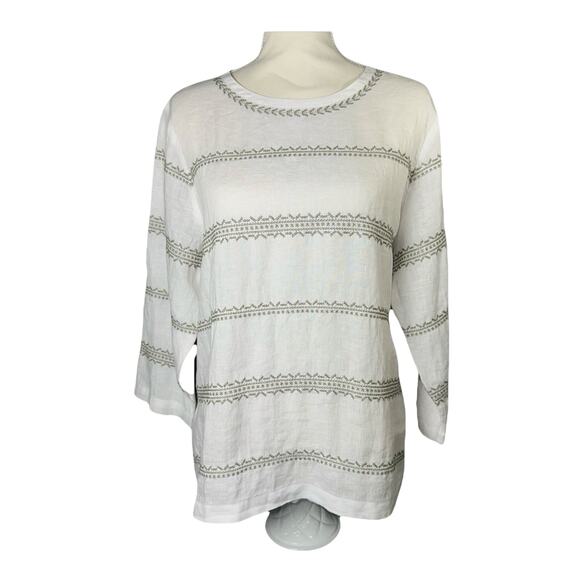 J. Jill Love Linen MD Top Blouse White Embroidered Stripe 3 QTR Balloon Sleeve - Picture 1 of 8